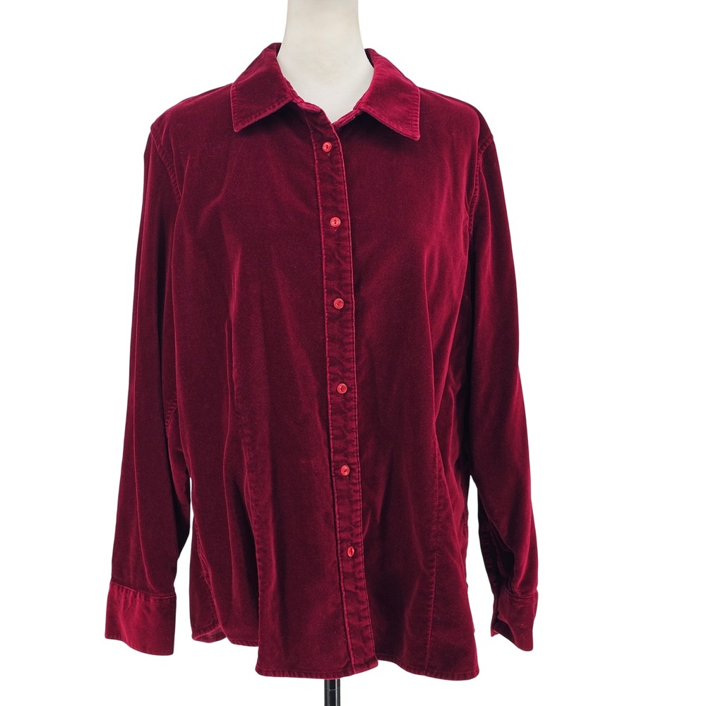 LL‎ Bean Cotton Velvet Button Up Shirt XL Red Burgundy Holiday Dark Academia